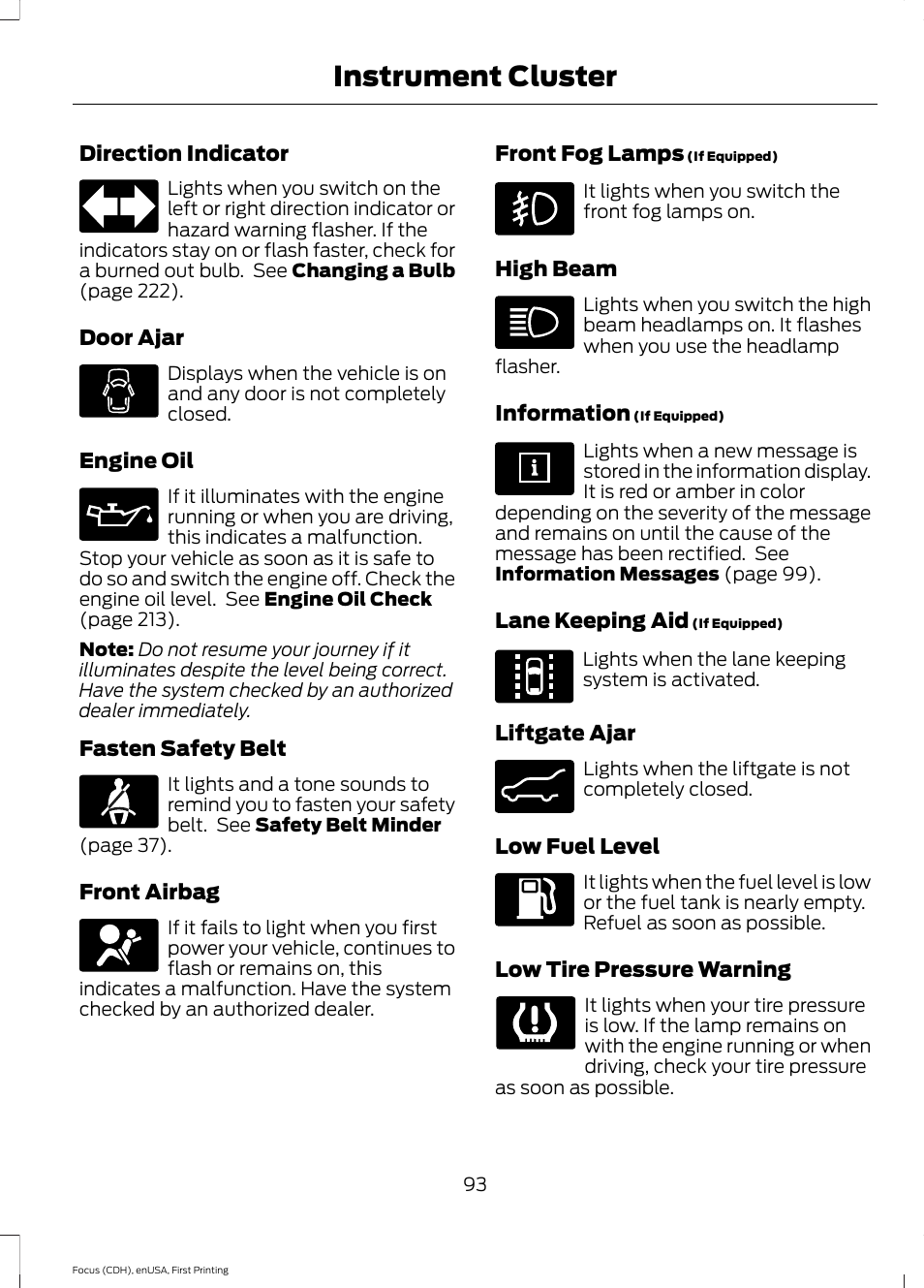 Instrument cluster | FORD 2015 Focus User Manual | Page 96 / 453
