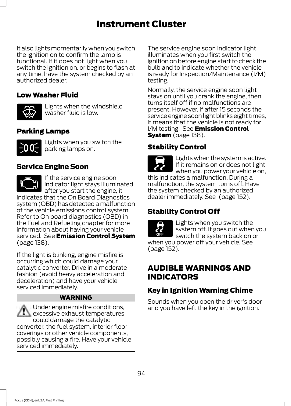 Audible warnings and indicators, Instrument cluster | FORD 2015 Focus User Manual | Page 97 / 453