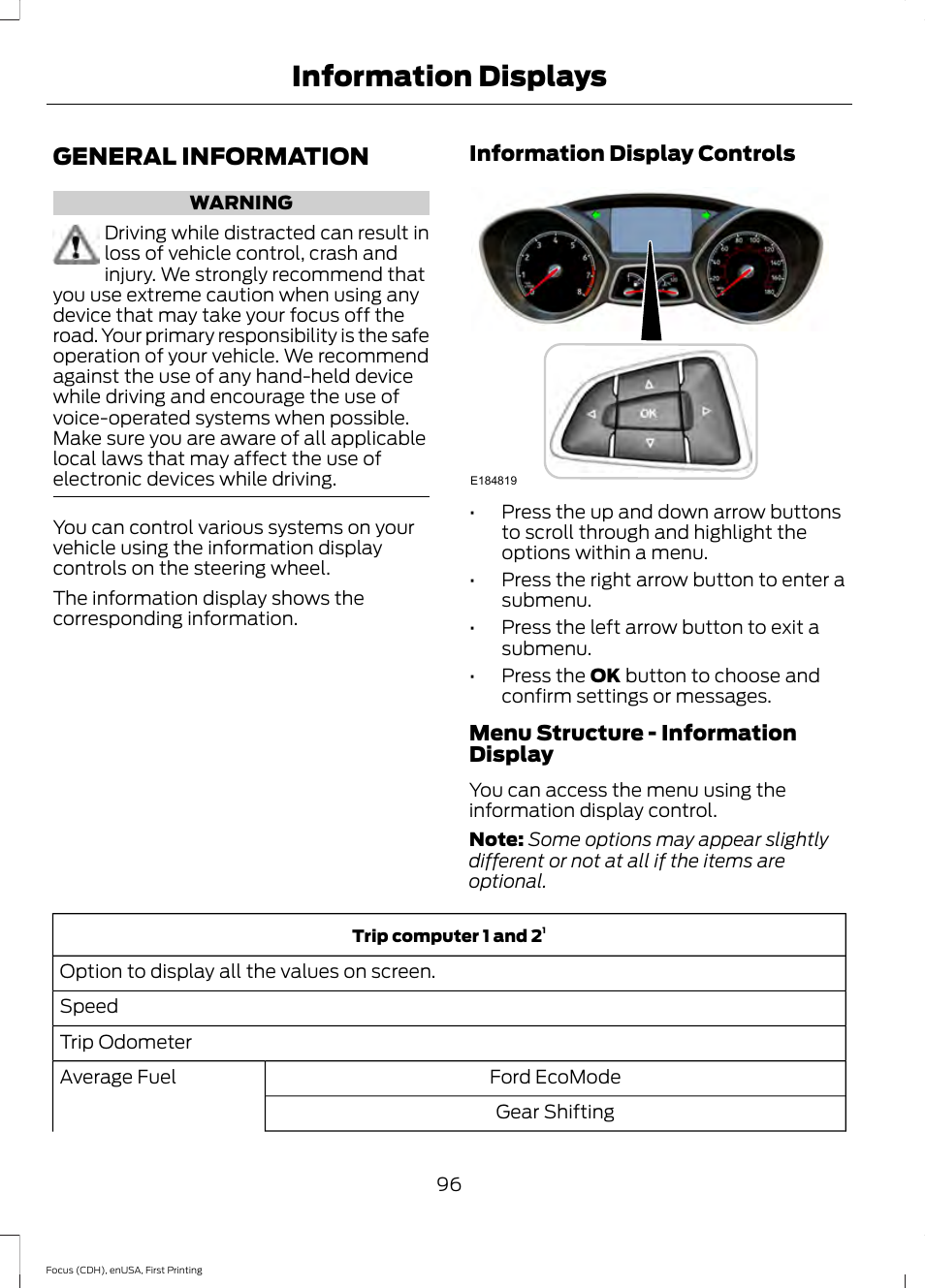 Information displays, General information | FORD 2015 Focus User Manual | Page 99 / 453