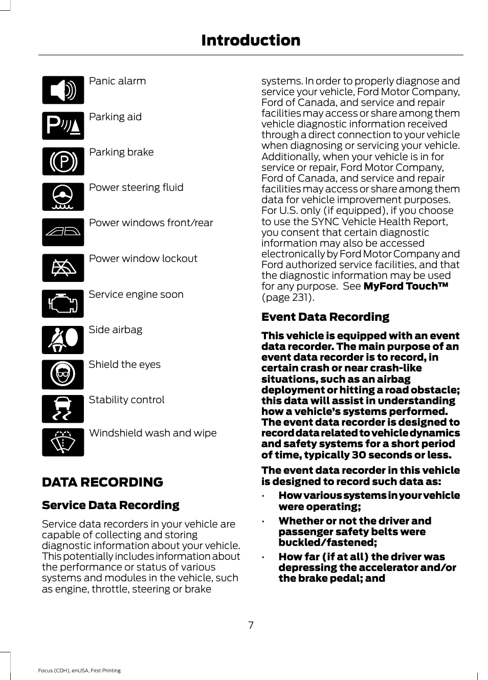 Data recording, Introduction | FORD 2015 Focus Electric User Manual | Page 10 / 369