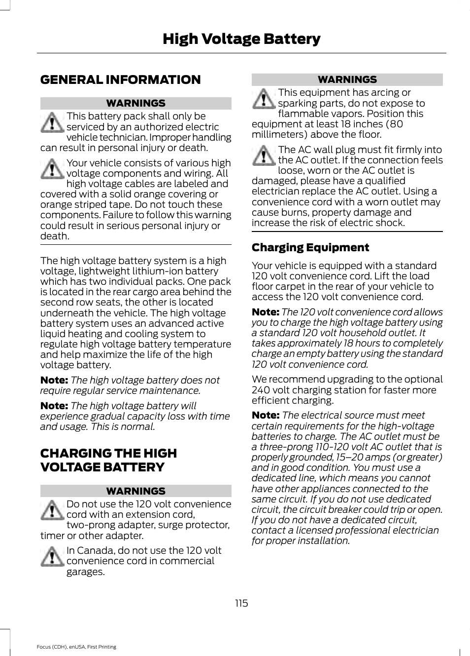 High voltage battery, General information, Charging the high voltage battery | FORD 2015 Focus Electric User Manual | Page 118 / 369