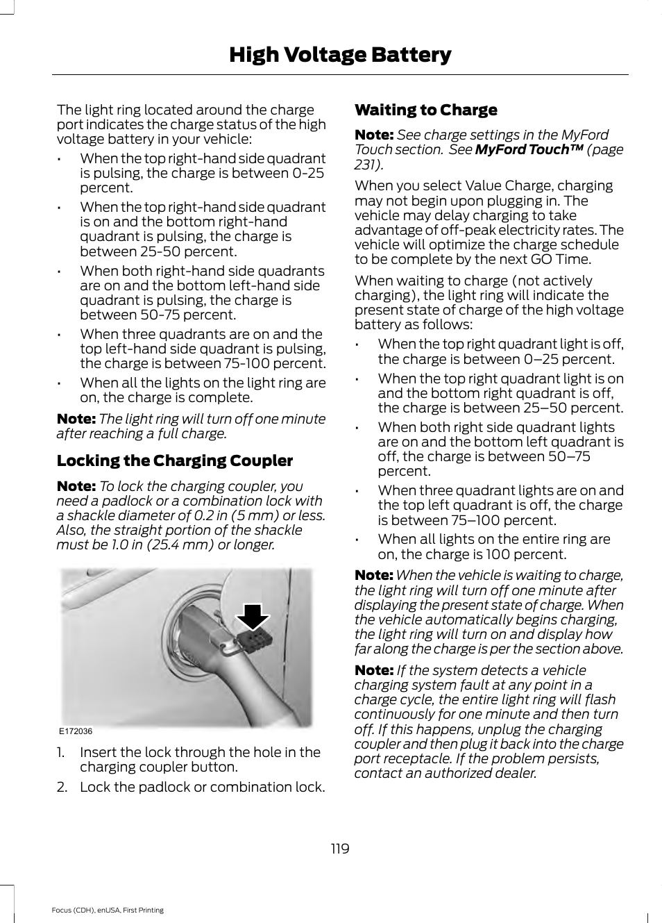 High voltage battery | FORD 2015 Focus Electric User Manual | Page 122 / 369