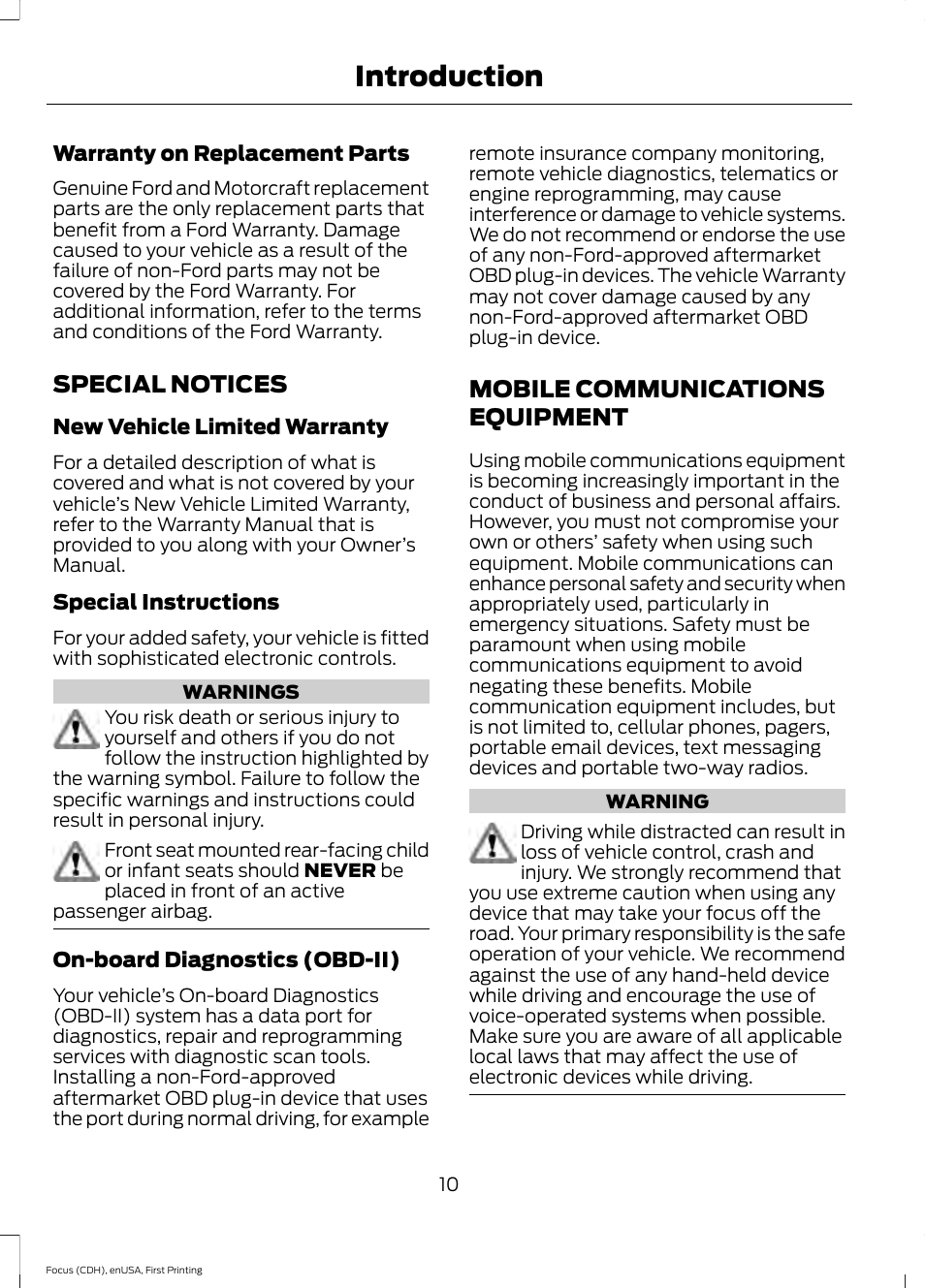 Special notices, Mobile communications equipment, Special notices mobile communications | Equipment, Introduction | FORD 2015 Focus Electric User Manual | Page 13 / 369