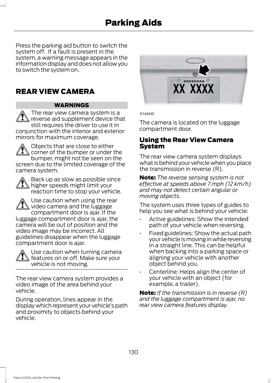 Rear view camera, Parking aids | FORD 2015 Focus Electric User Manual | Page 133 / 369