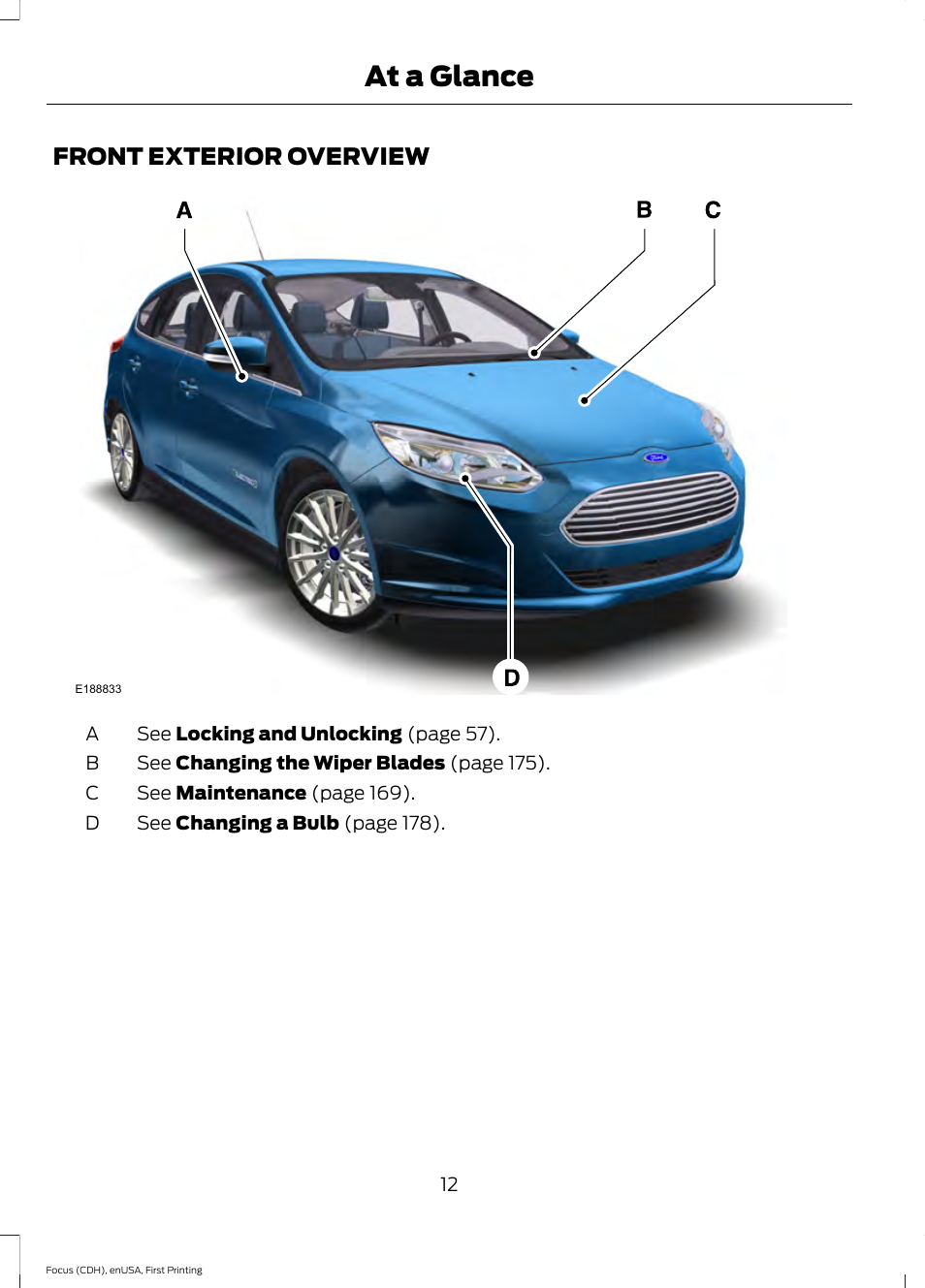 At a glance, Front exterior overview | FORD 2015 Focus Electric User Manual | Page 15 / 369