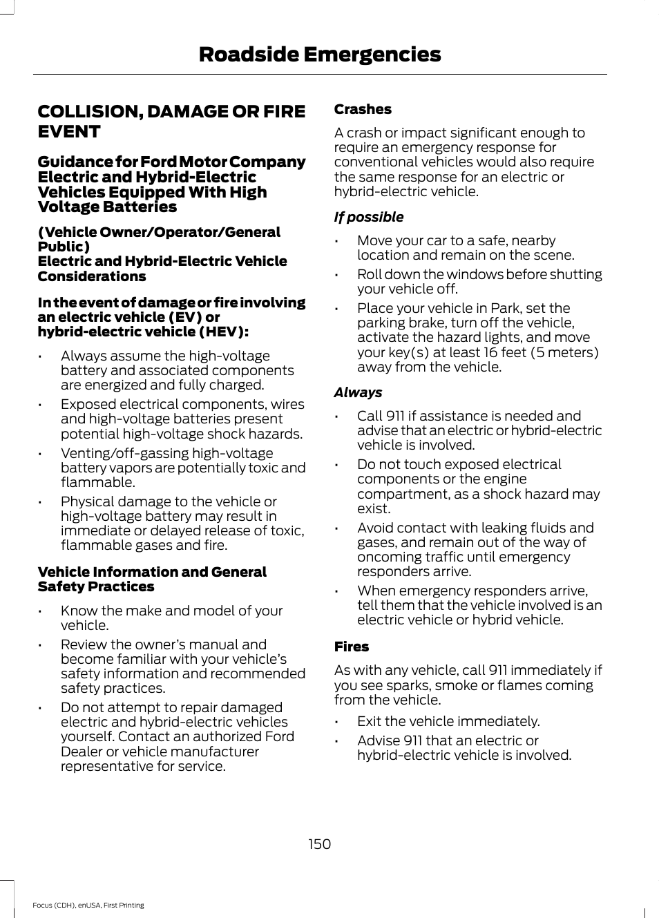 Collision, damage or fire event, Roadside emergencies | FORD 2015 Focus Electric User Manual | Page 153 / 369