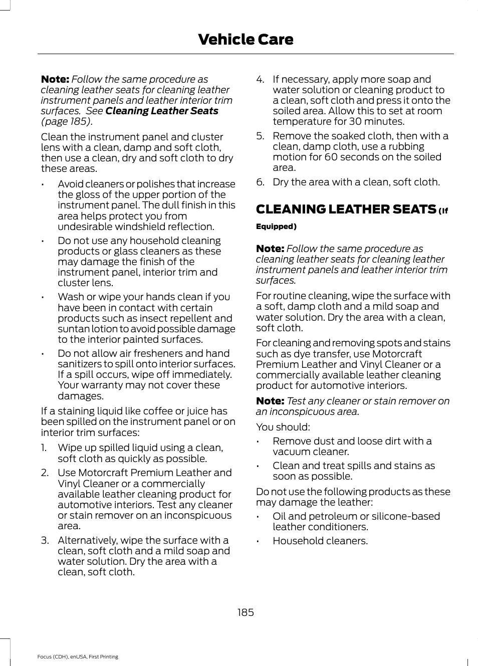 Cleaning leather seats, Vehicle care | FORD 2015 Focus Electric User Manual | Page 188 / 369