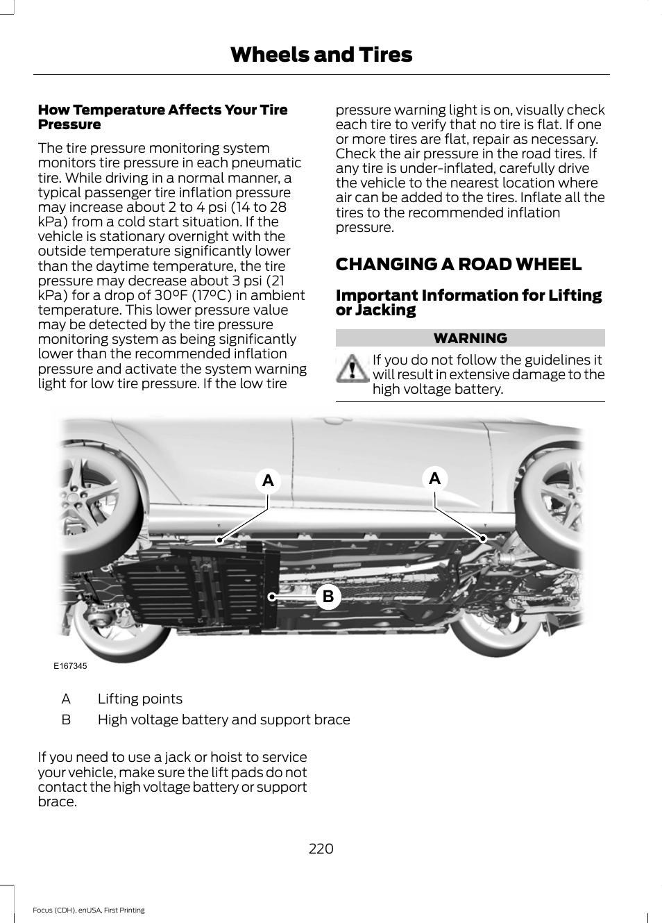 Changing a road wheel, Wheels and tires, Ba a | FORD 2015 Focus Electric User Manual | Page 223 / 369