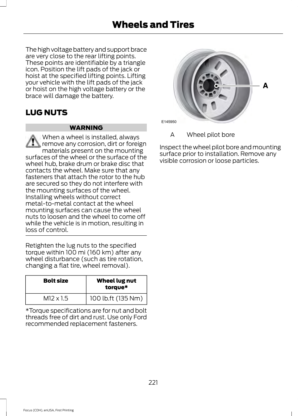 Lug nuts, Wheels and tires | FORD 2015 Focus Electric User Manual | Page 224 / 369