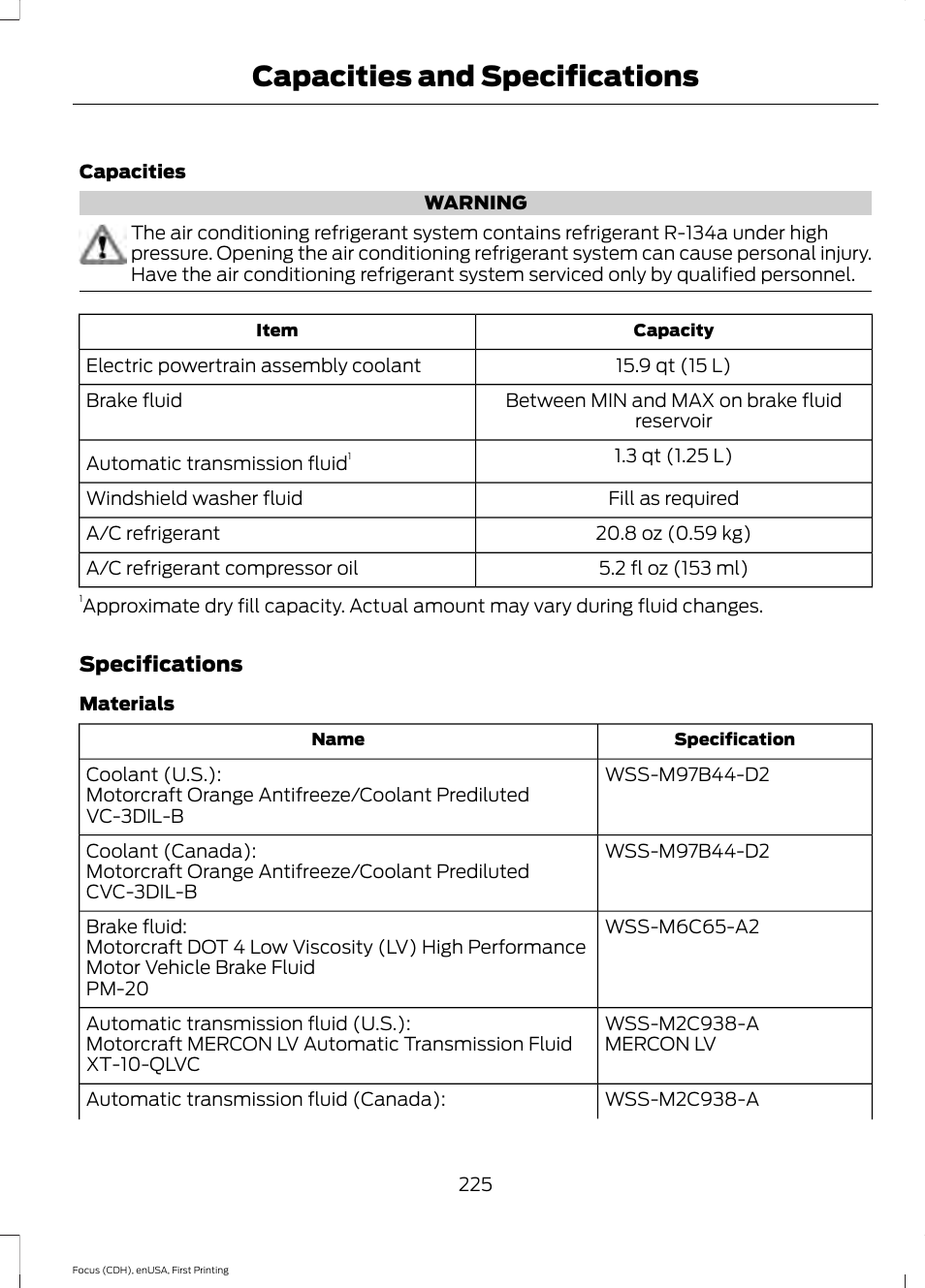 Capacities and specifications | FORD 2015 Focus Electric User Manual | Page 228 / 369