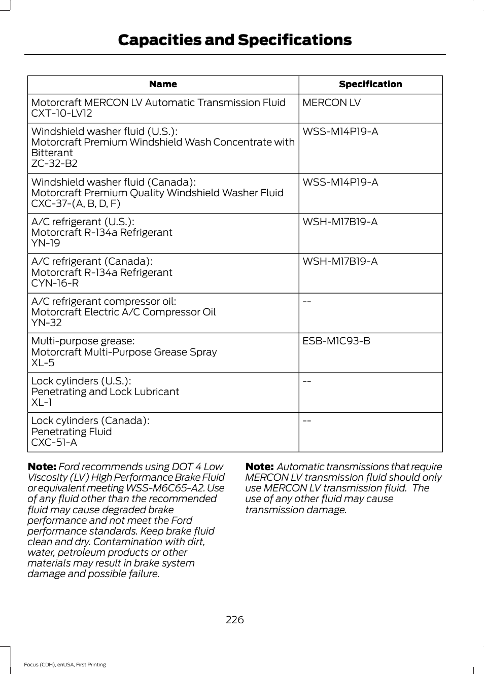 Capacities and specifications | FORD 2015 Focus Electric User Manual | Page 229 / 369