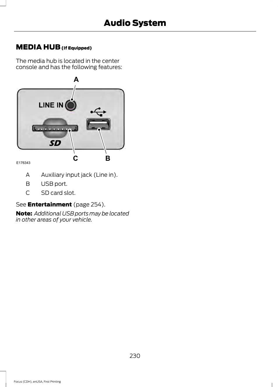 Media hub, Audio system, Ab c | FORD 2015 Focus Electric User Manual | Page 233 / 369