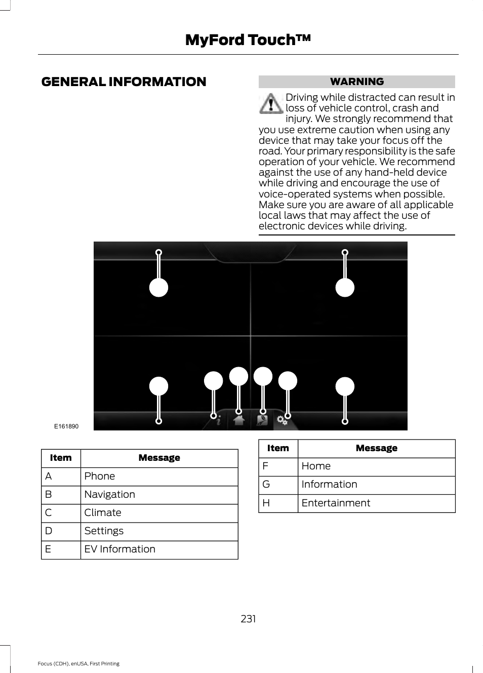 Myford touch, General information | FORD 2015 Focus Electric User Manual | Page 234 / 369