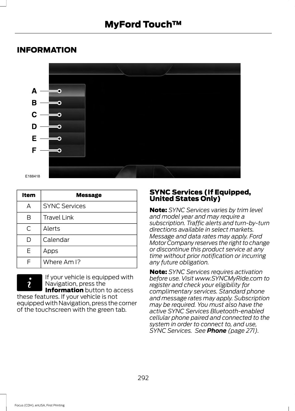 Information, Myford touch | FORD 2015 Focus Electric User Manual | Page 295 / 369