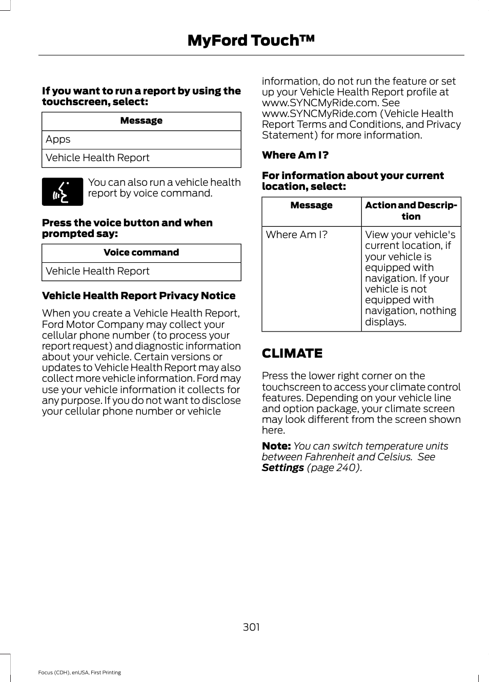 Climate, Myford touch | FORD 2015 Focus Electric User Manual | Page 304 / 369