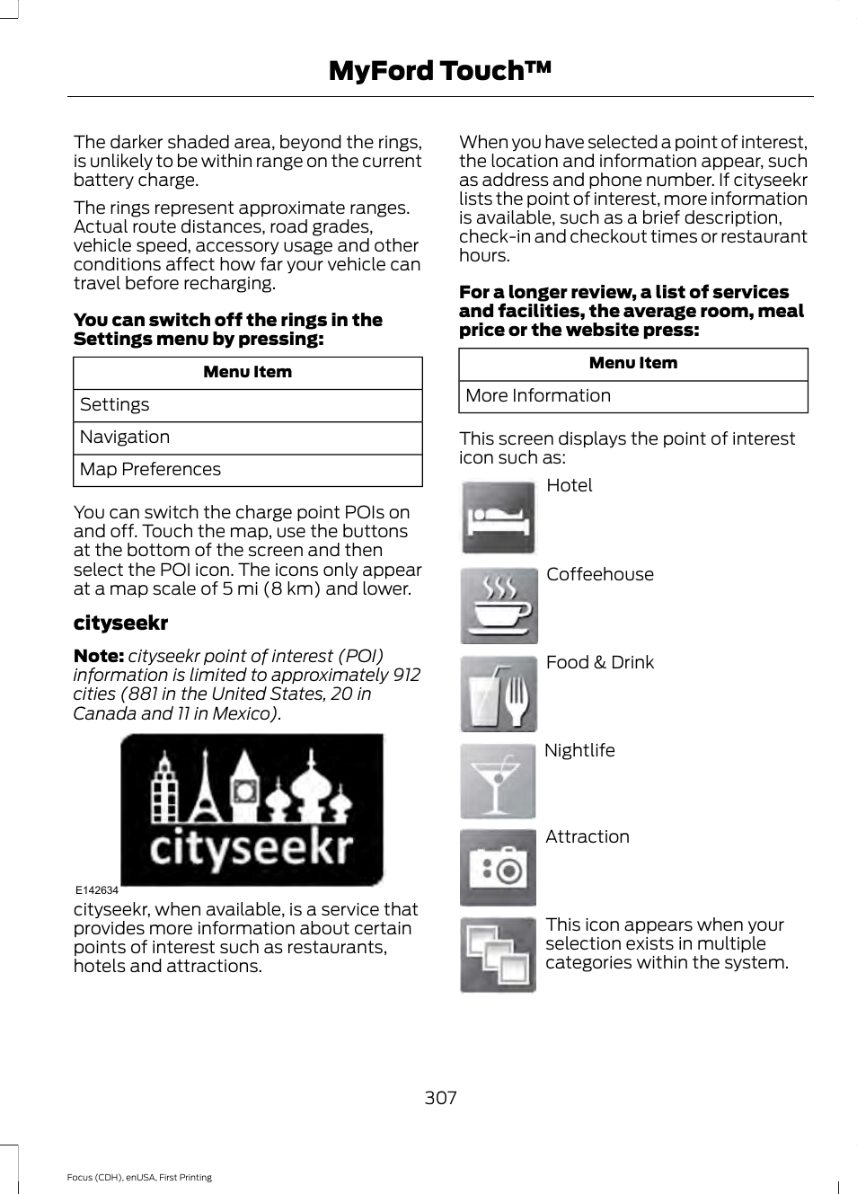 Myford touch, Cityseekr | FORD 2015 Focus Electric User Manual | Page 310 / 369