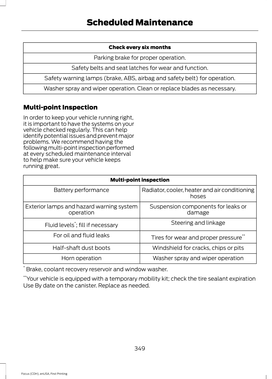 Scheduled maintenance | FORD 2015 Focus Electric User Manual | Page 352 / 369