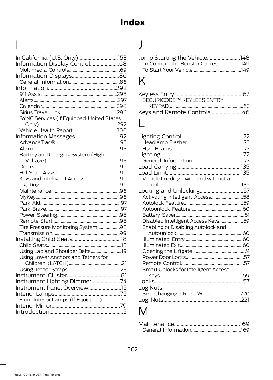 Index | FORD 2015 Focus Electric User Manual | Page 365 / 369