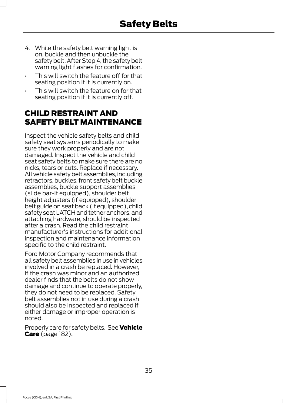 Child restraint and safety belt maintenance, Child restraint and safety belt, Maintenance | Safety belts | FORD 2015 Focus Electric User Manual | Page 38 / 369