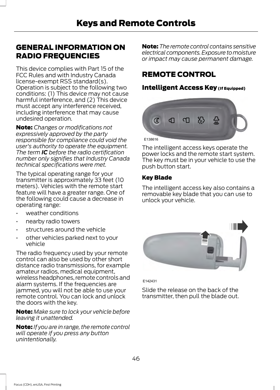 Keys and remote controls, General information on radio frequencies, Remote control | General information on radio, Frequencies | FORD 2015 Focus Electric User Manual | Page 49 / 369