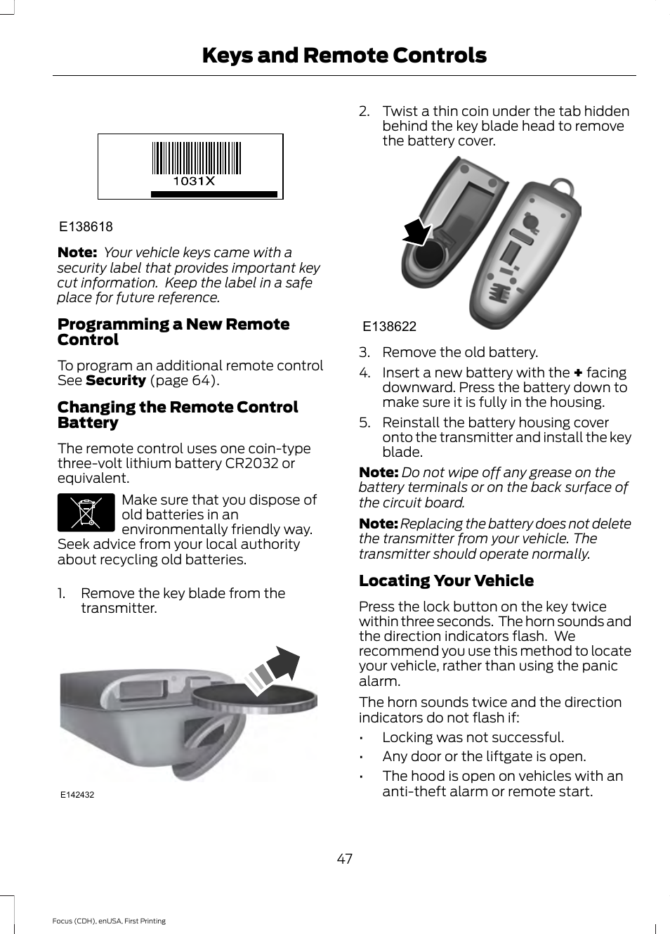 Keys and remote controls | FORD 2015 Focus Electric User Manual | Page 50 / 369