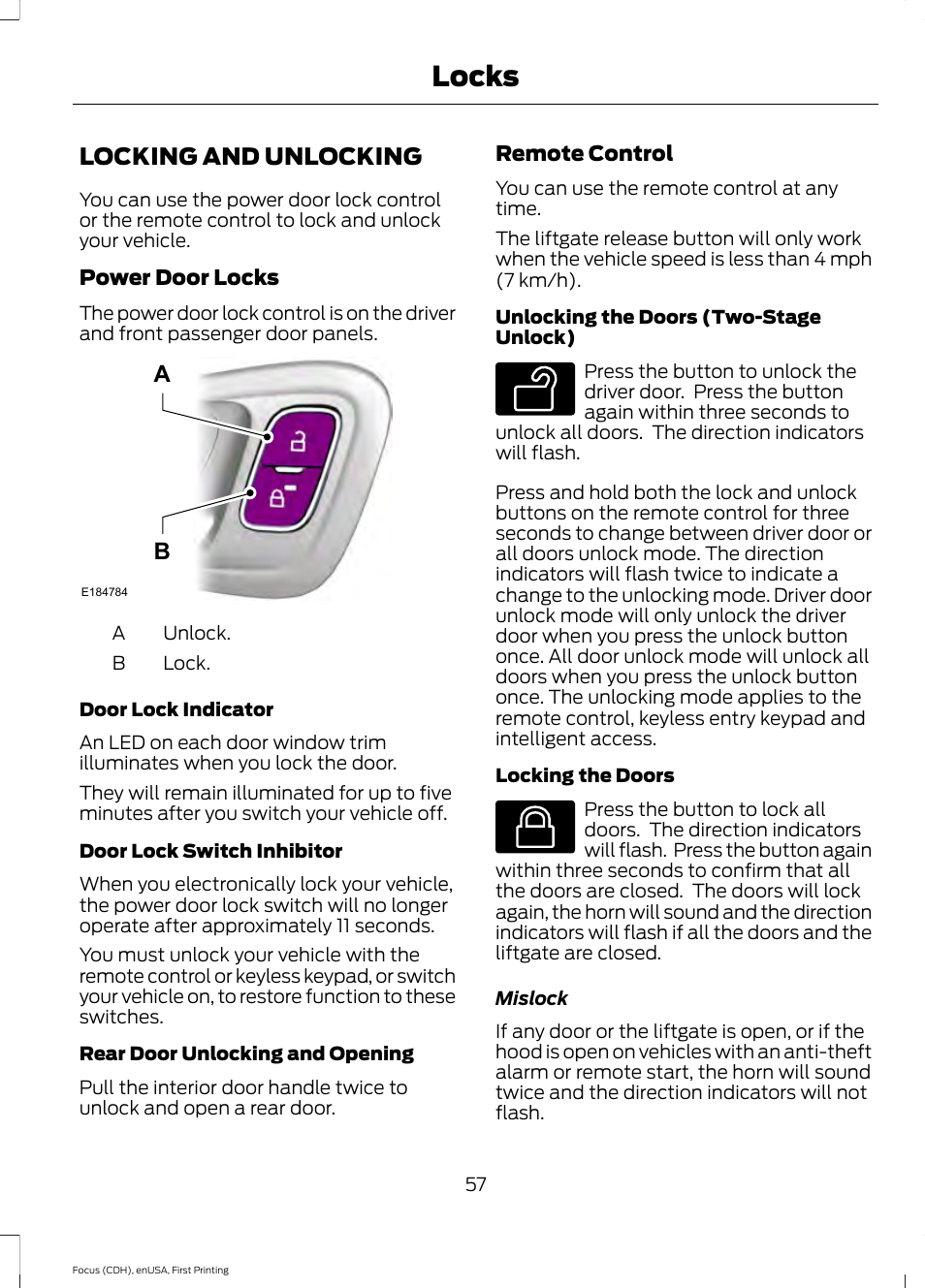 Locks, Locking and unlocking | FORD 2015 Focus Electric User Manual | Page 60 / 369