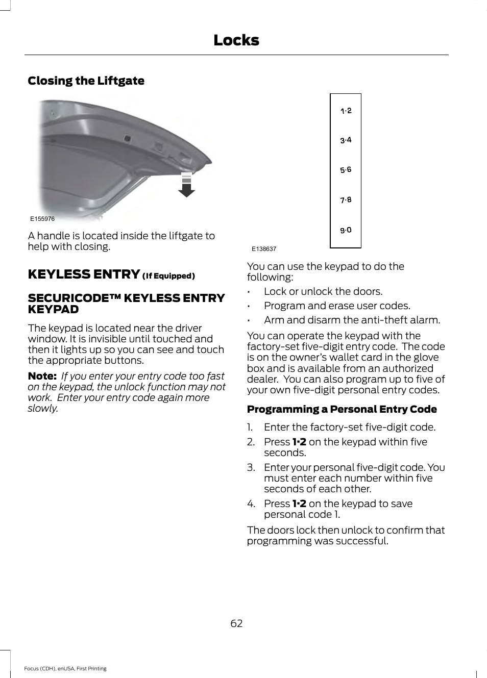 Keyless entry, Locks | FORD 2015 Focus Electric User Manual | Page 65 / 369