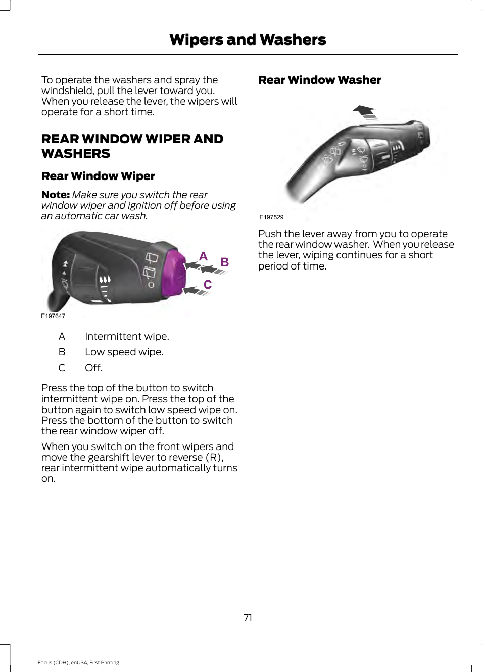 Rear window wiper and washers, Wipers and washers | FORD 2015 Focus Electric User Manual | Page 74 / 369