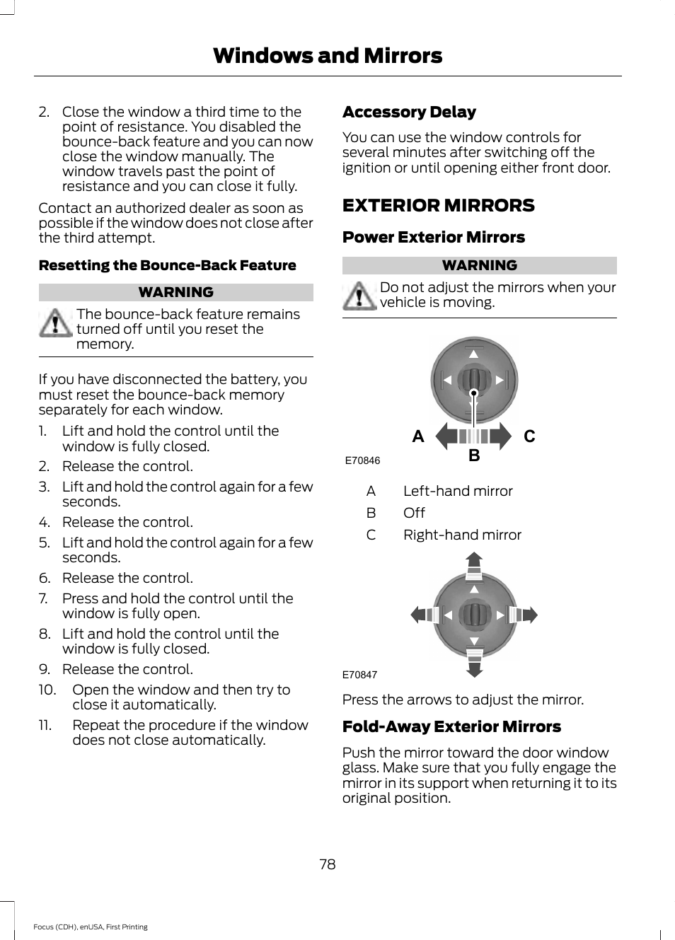 Exterior mirrors, Windows and mirrors, Ac b | FORD 2015 Focus Electric User Manual | Page 81 / 369