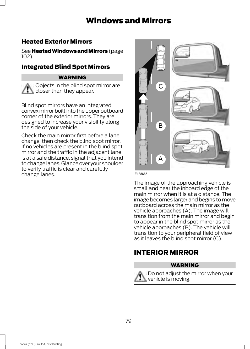 Interior mirror, Windows and mirrors, Ab c | FORD 2015 Focus Electric User Manual | Page 82 / 369