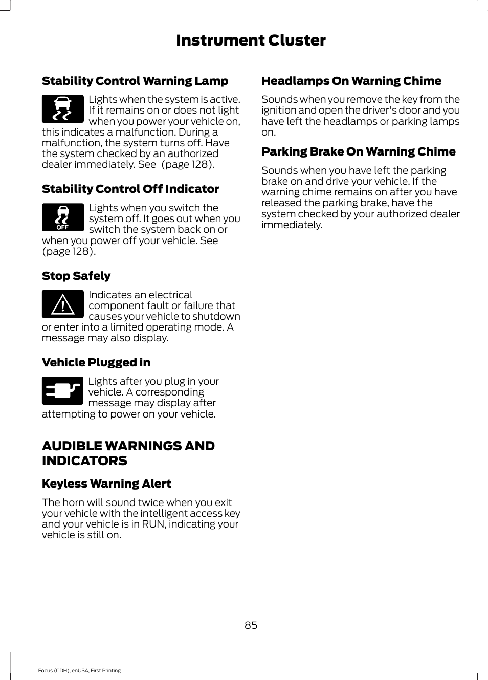 Audible warnings and indicators, Instrument cluster | FORD 2015 Focus Electric User Manual | Page 88 / 369