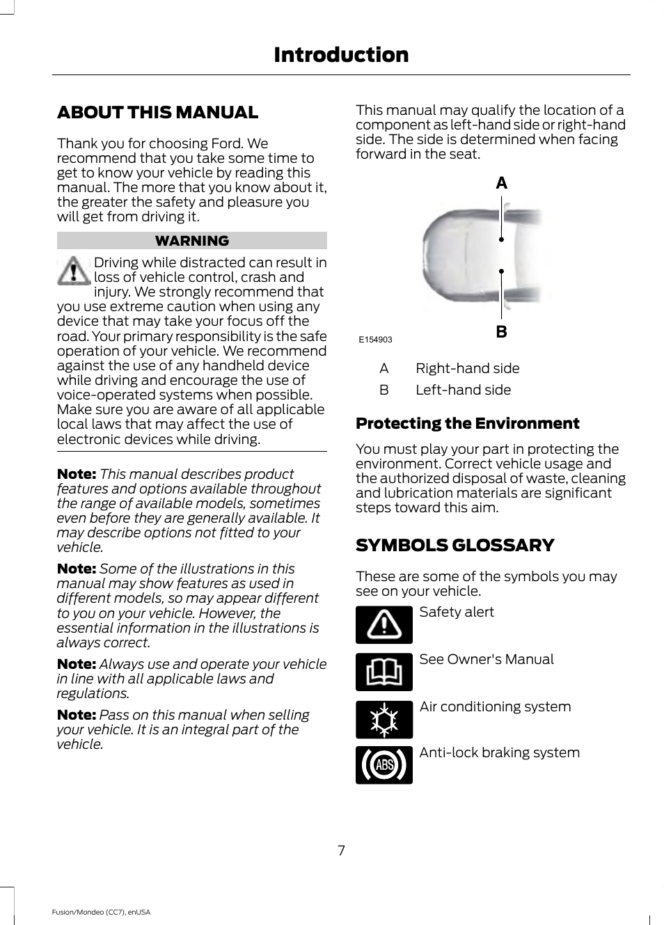 Introduction, About this manual, Symbols glossary | About this manual symbols glossary | FORD 2015 Fusion User Manual | Page 10 / 488