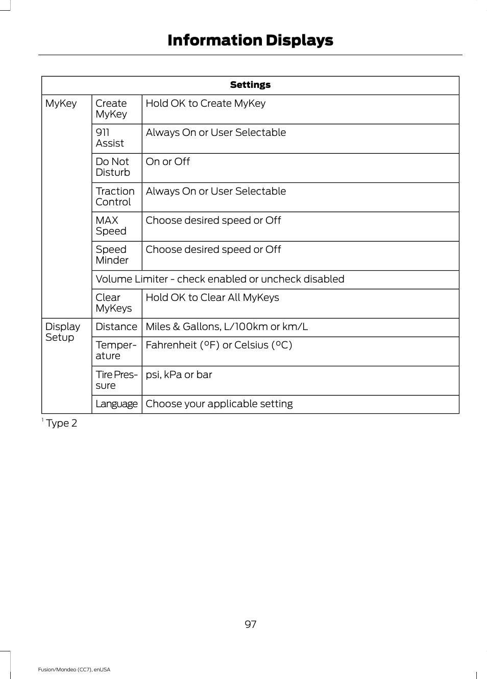 Information displays | FORD 2015 Fusion User Manual | Page 100 / 488