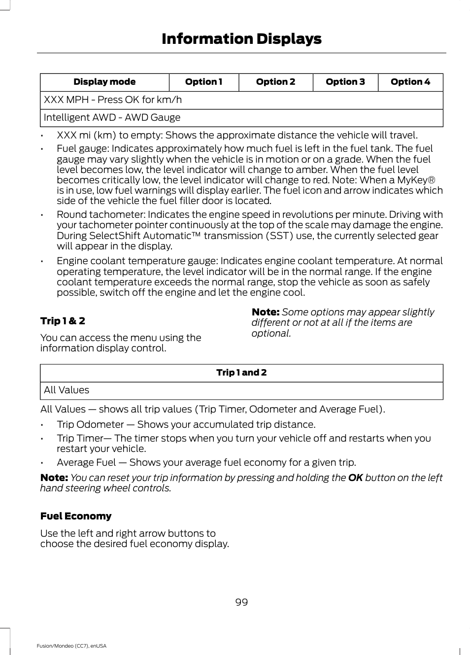 Information displays | FORD 2015 Fusion User Manual | Page 102 / 488
