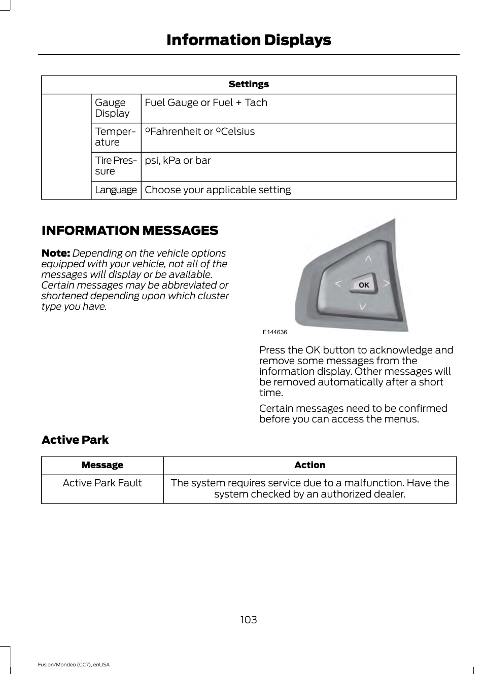 Information messages, Information displays | FORD 2015 Fusion User Manual | Page 106 / 488