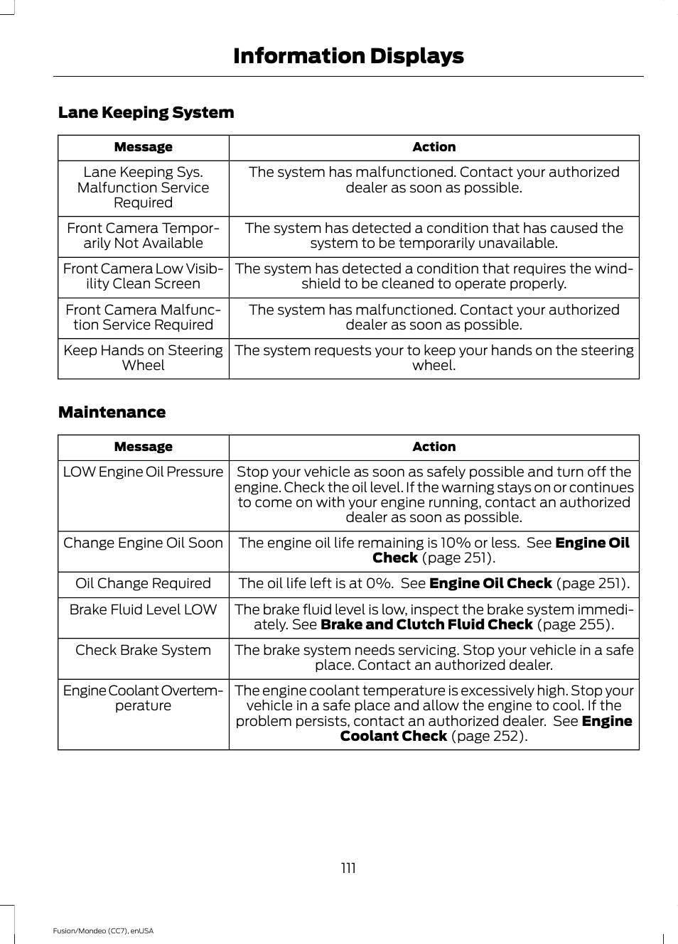 Information displays | FORD 2015 Fusion User Manual | Page 114 / 488