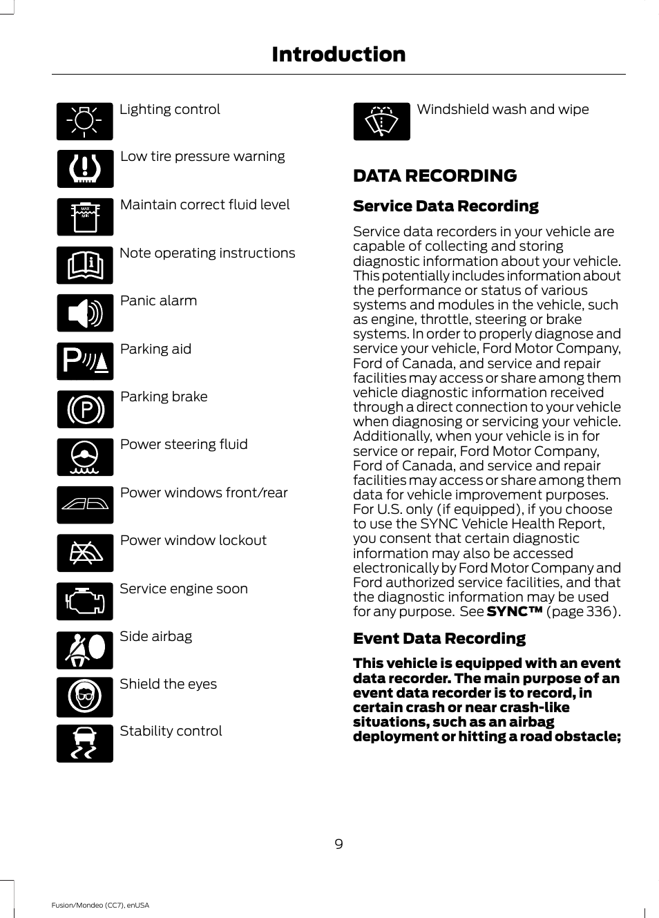 Data recording, Introduction | FORD 2015 Fusion User Manual | Page 12 / 488