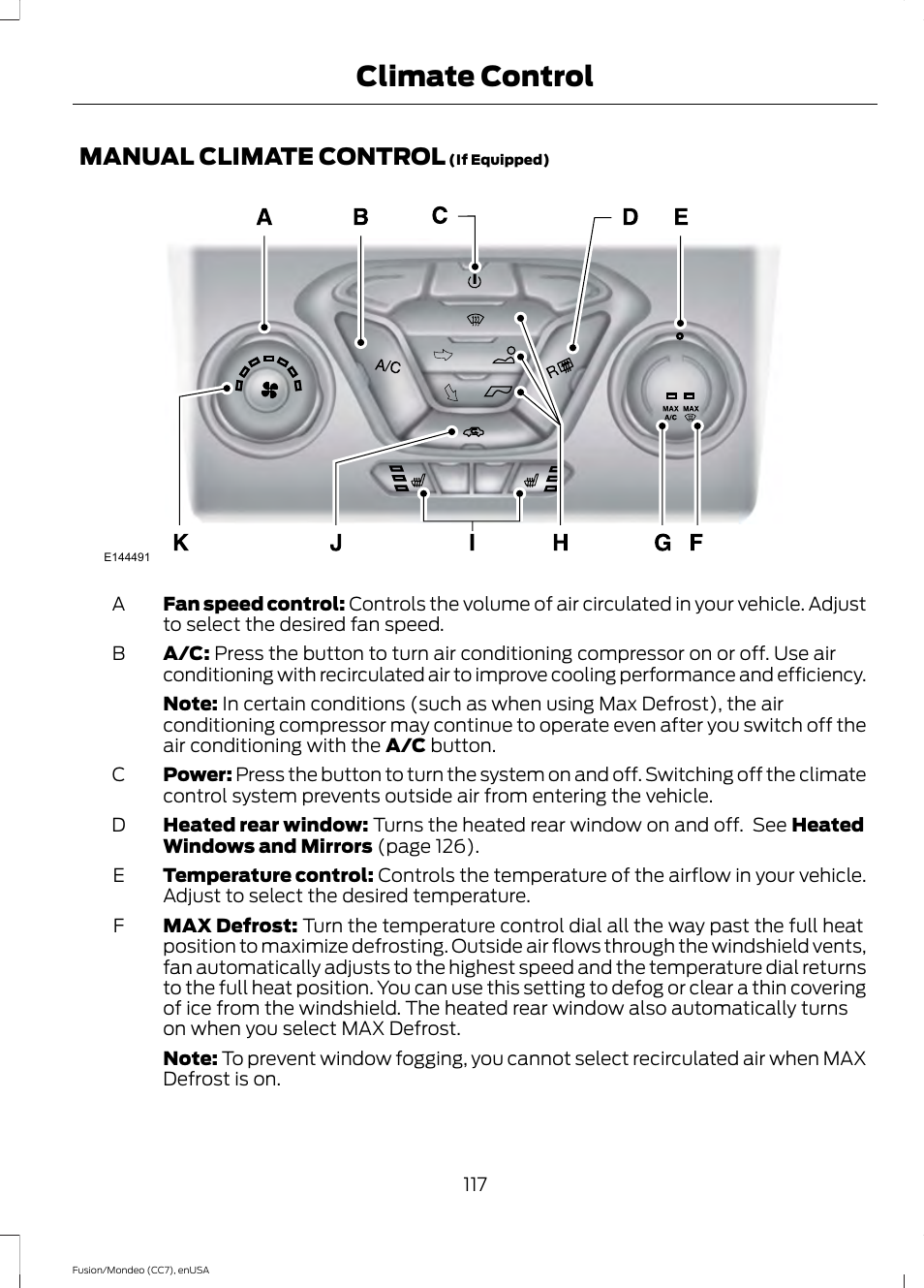 Climate control, Manual climate control | FORD 2015 Fusion User Manual | Page 120 / 488