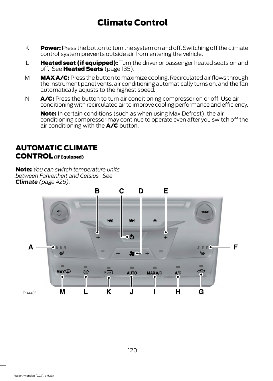 Automatic climate control, Climate control | FORD 2015 Fusion User Manual | Page 123 / 488