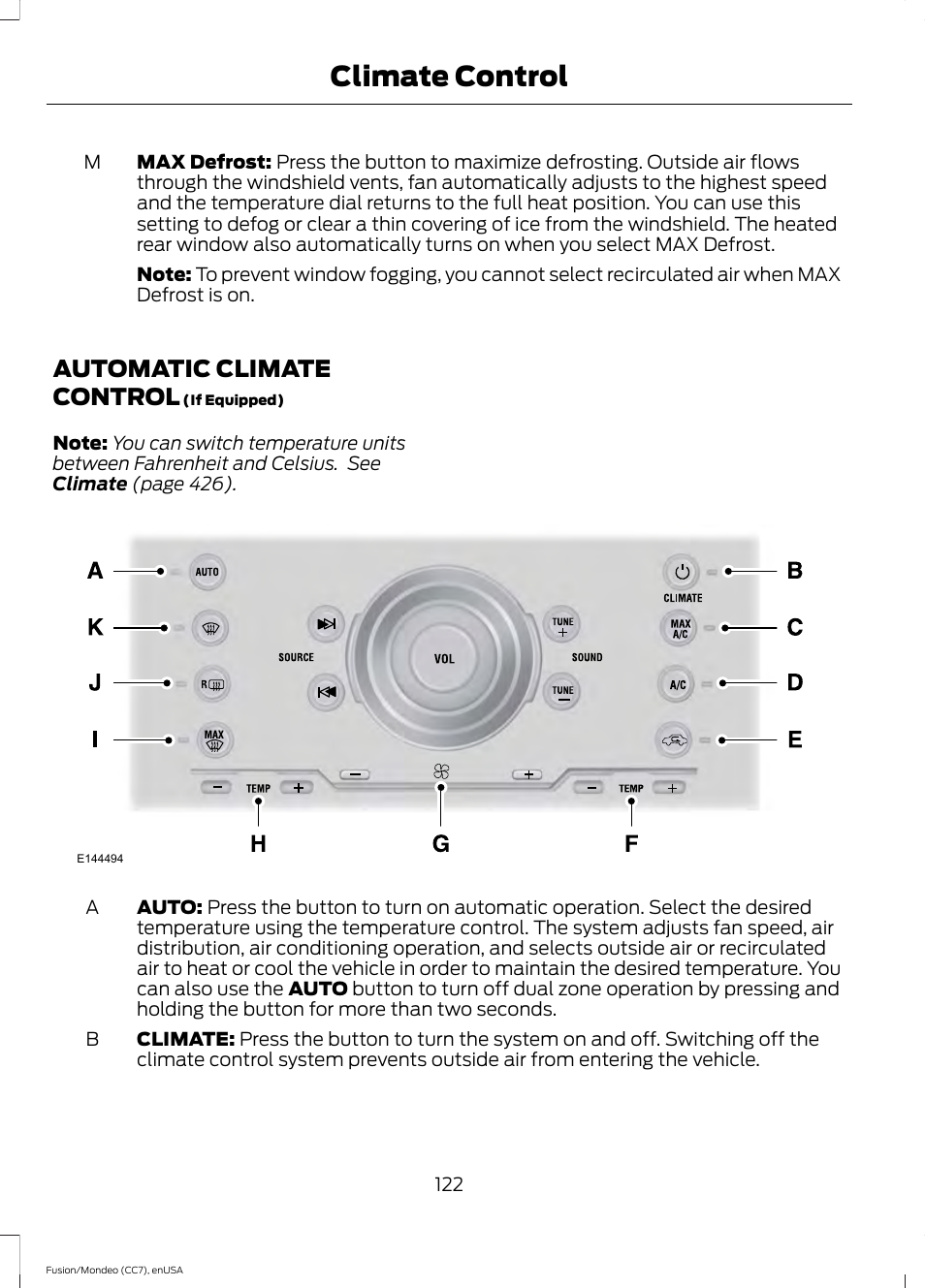 Automatic climate control, Climate control | FORD 2015 Fusion User Manual | Page 125 / 488