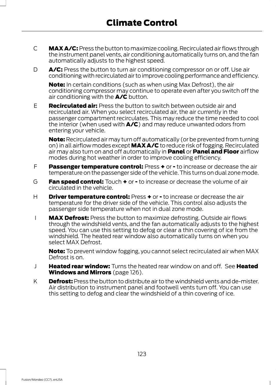 Climate control | FORD 2015 Fusion User Manual | Page 126 / 488