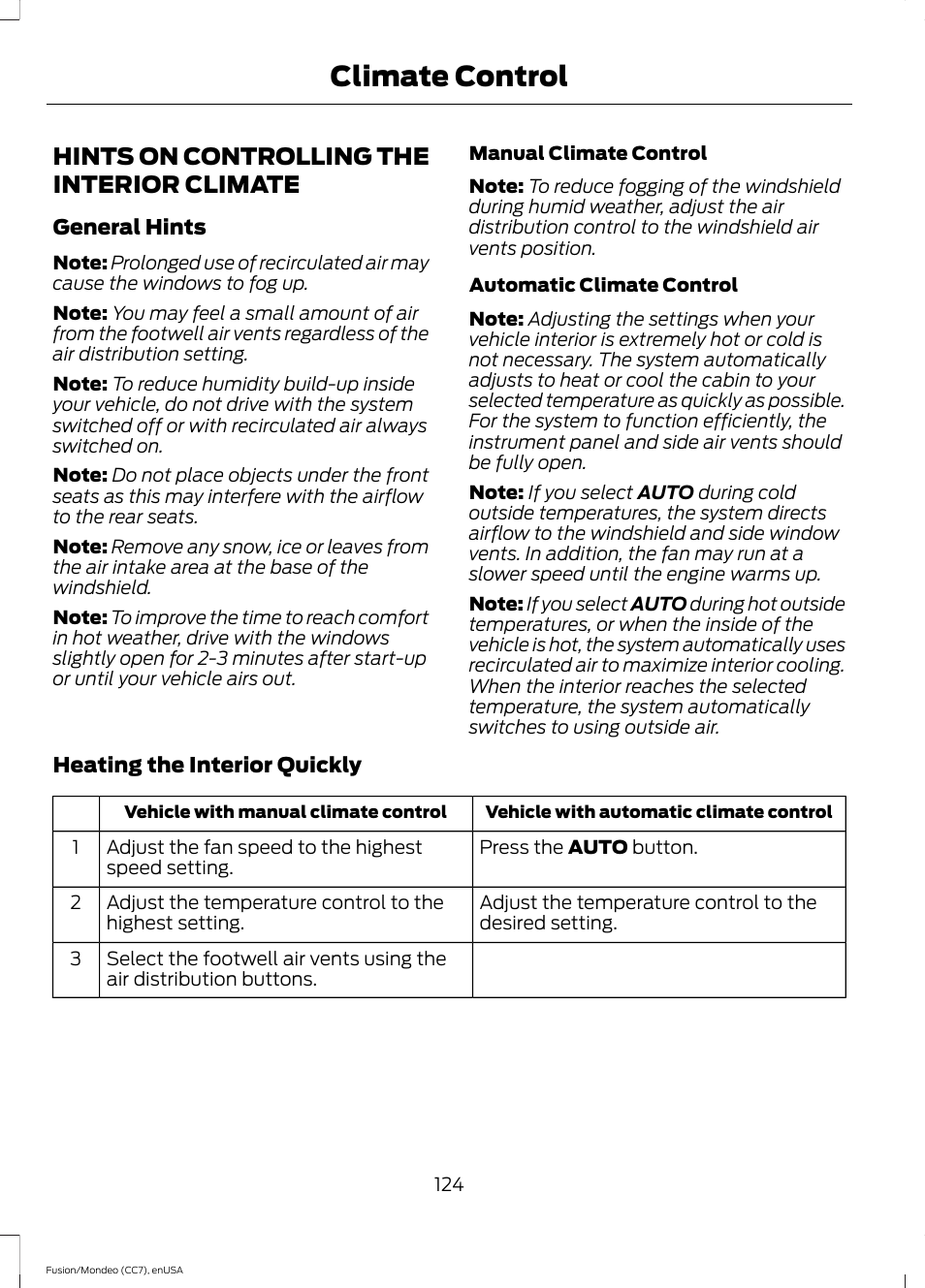 Hints on controlling the interior climate, Hints on controlling the interior, Climate | Climate control | FORD 2015 Fusion User Manual | Page 127 / 488