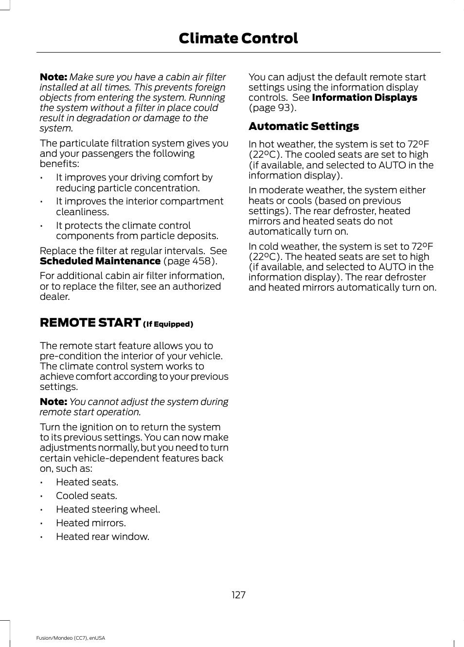 Remote start, Climate control | FORD 2015 Fusion User Manual | Page 130 / 488