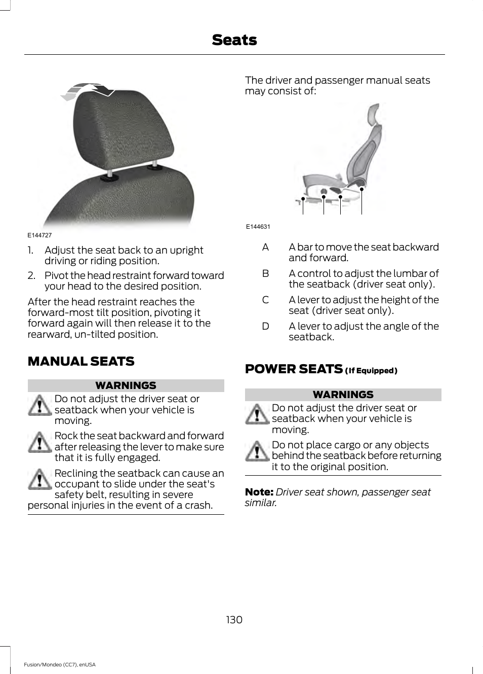 Manual seats, Power seats, Manual seats power seats | Seats, Ab c d | FORD 2015 Fusion User Manual | Page 133 / 488