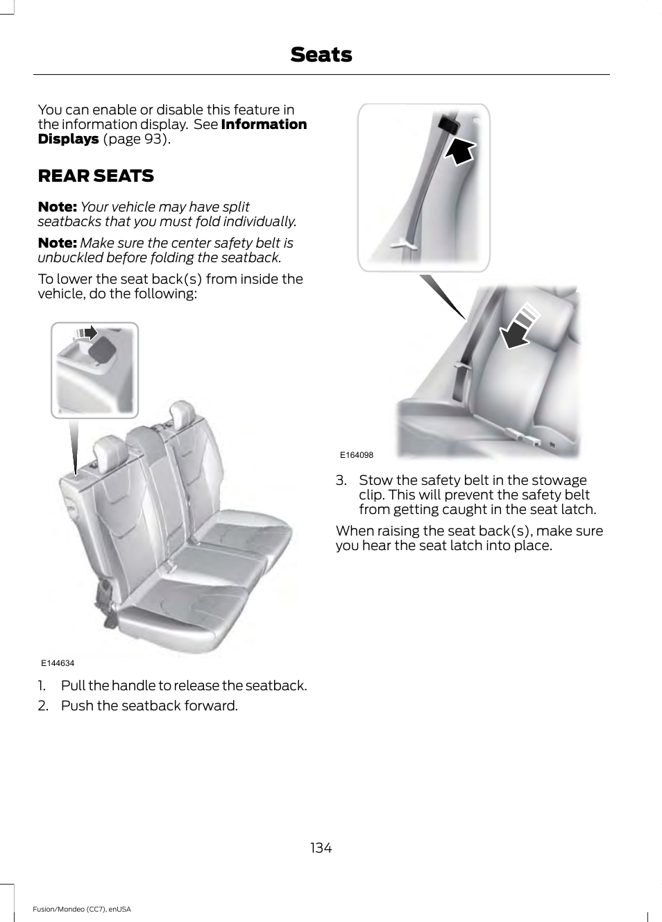 Rear seats, Seats | FORD 2015 Fusion User Manual | Page 137 / 488