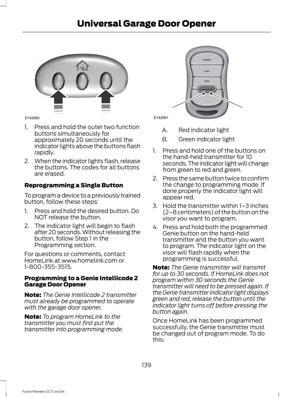 Universal garage door opener | FORD 2015 Fusion User Manual | Page 142 / 488