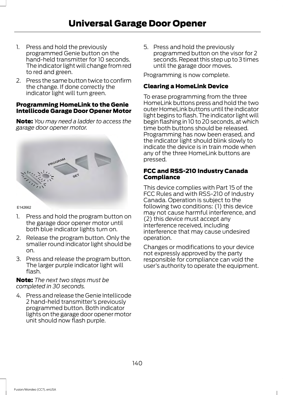 Universal garage door opener | FORD 2015 Fusion User Manual | Page 143 / 488