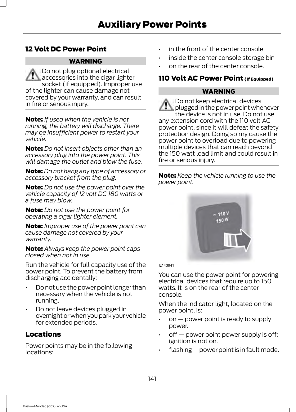 Auxiliary power points | FORD 2015 Fusion User Manual | Page 144 / 488