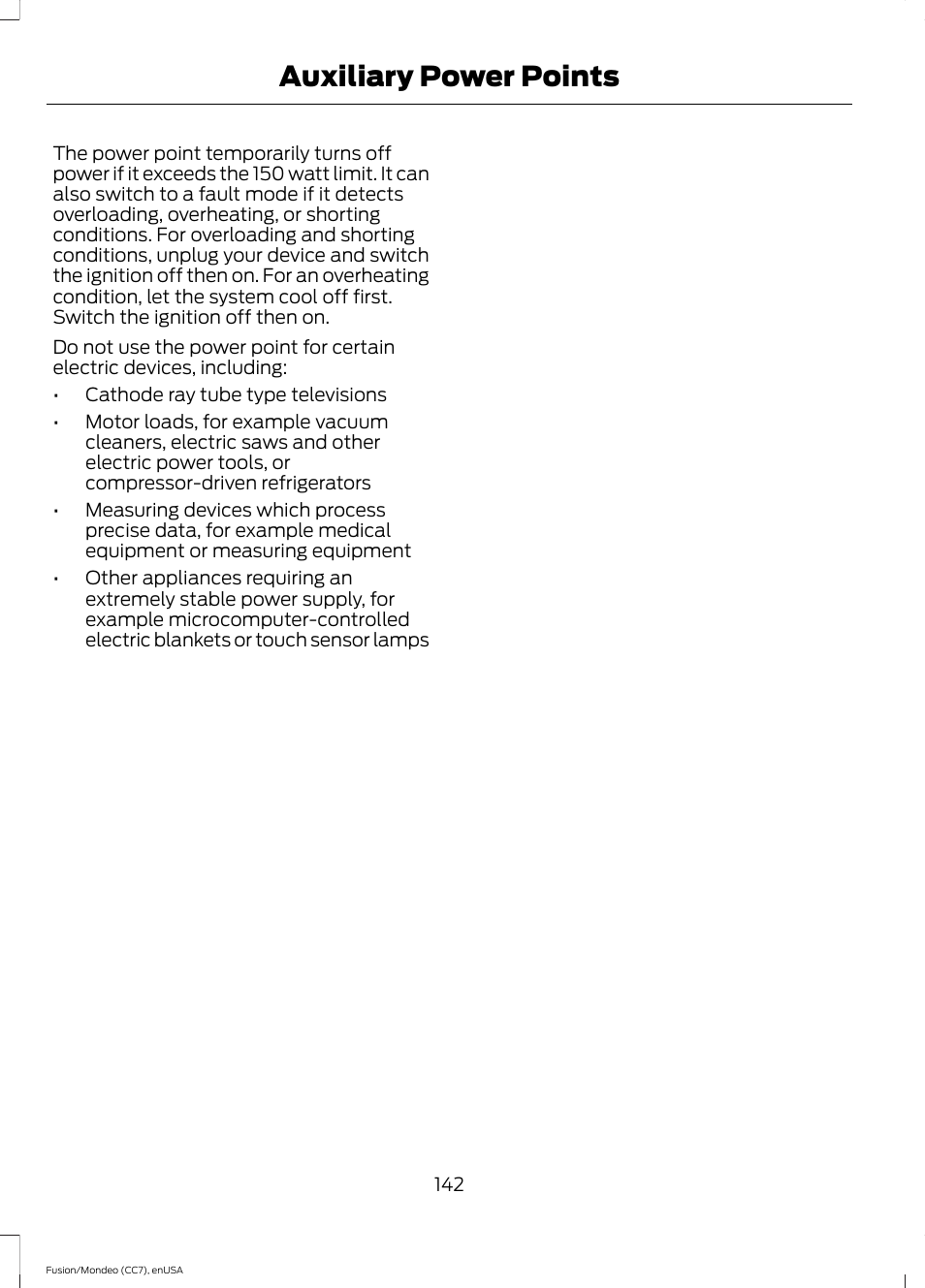 Auxiliary power points | FORD 2015 Fusion User Manual | Page 145 / 488