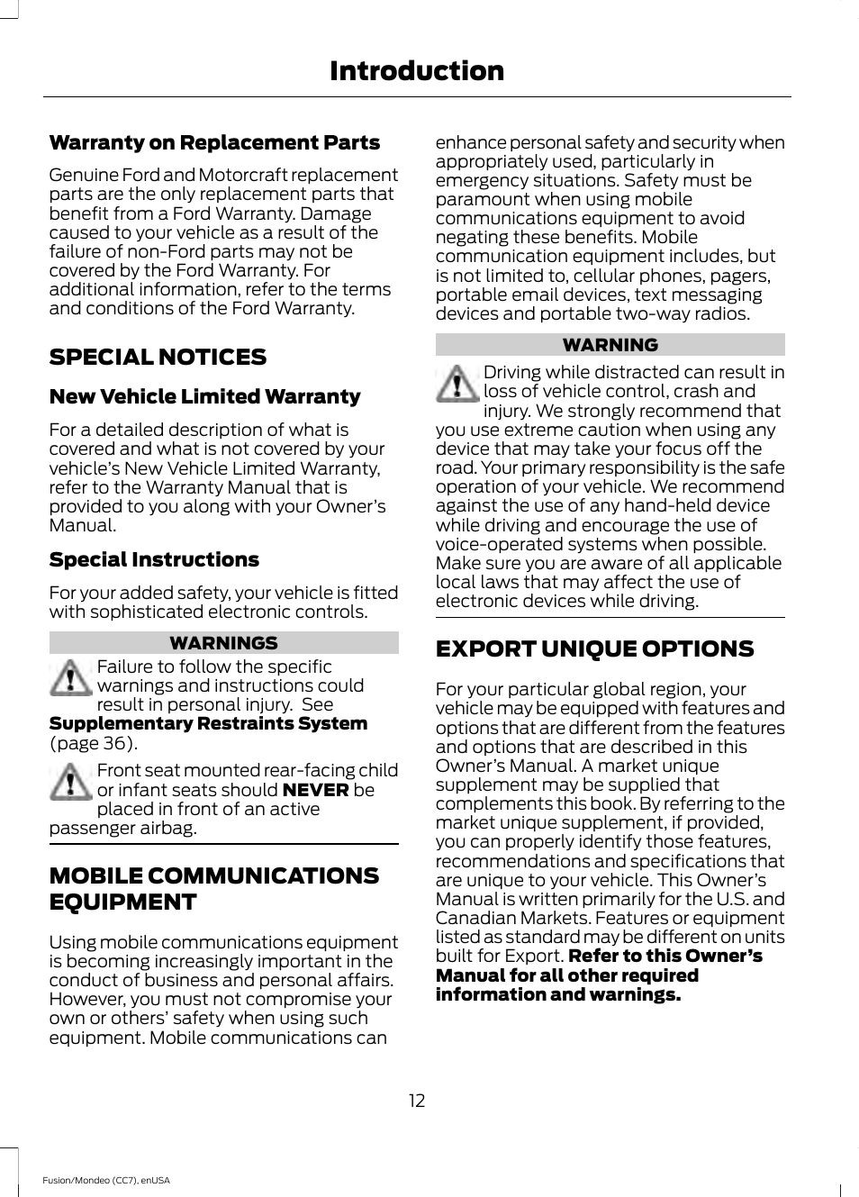 Special notices, Mobile communications equipment, Export unique options | Special notices mobile communications, Equipment, Introduction | FORD 2015 Fusion User Manual | Page 15 / 488